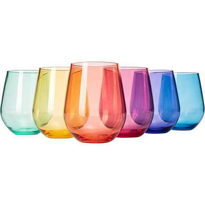 European Style Crystal, Stemless Wine Glasses, Acrylic Glasses Tritan Drinkware, Unbreakable Colored, 6 - Set - Shatterproof BPA-free plastic, Reusable, All Purpose Glassware, 15oz