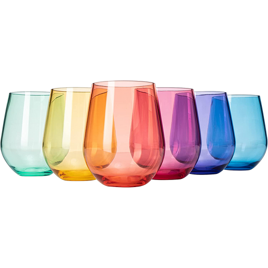 European Style Crystal, Stemless Wine Glasses, Acrylic Glasses Tritan Drinkware, Unbreakable Colored, 6 - Set - Shatterproof BPA-free plastic, Reusable, All Purpose Glassware, 15oz
