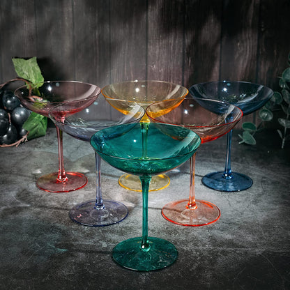 Colored Vintage Glass Coupes 12oz by The Wine Savant - Colorful Cocktail, Martini & Champagne Glasses, Prosecco, Mimosa Glasses Set, Cocktail Glass Set, Bar Glassware Luster Glasses (6, Multicolored)