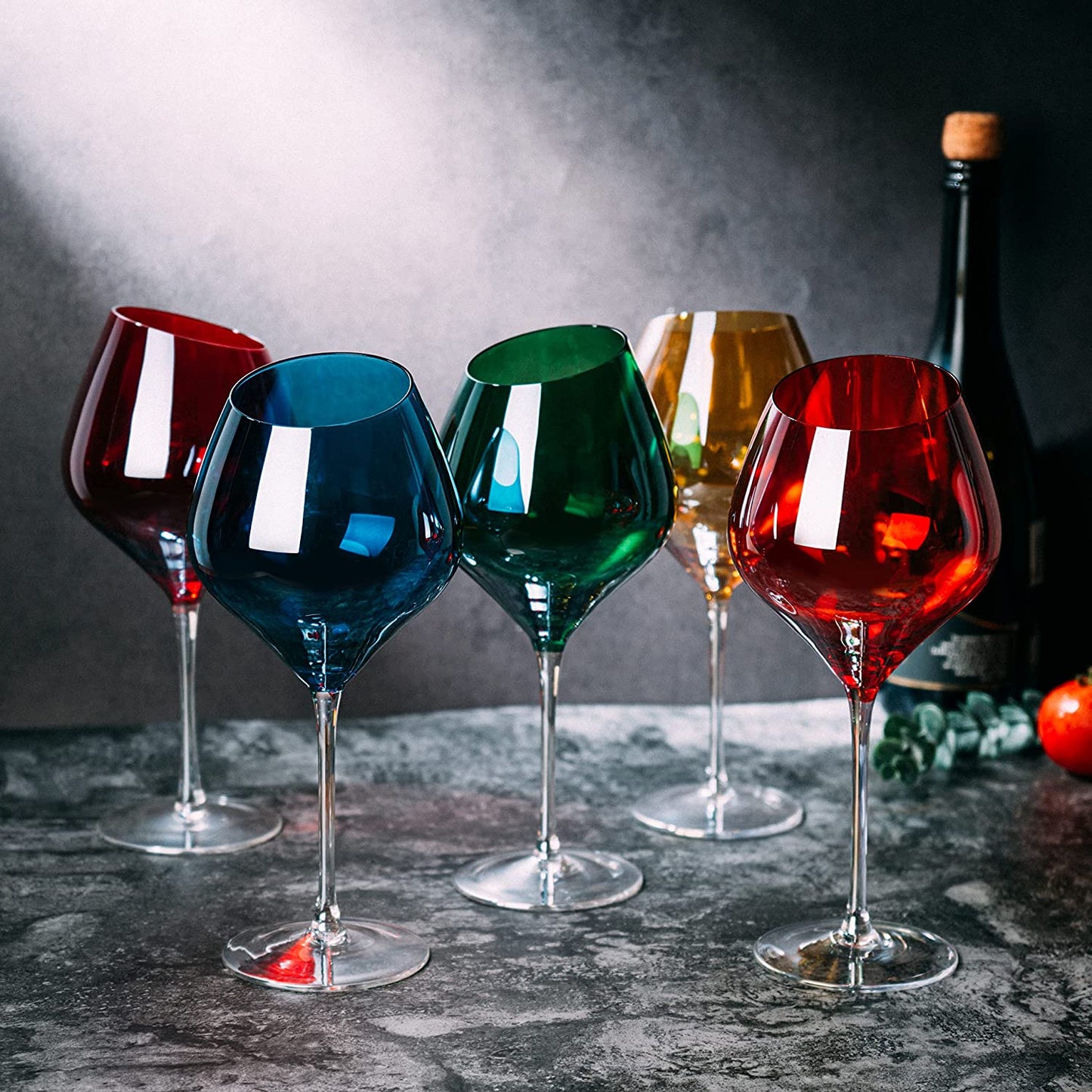 Slanted Rim Colored Wine Glasses by The Wine Savant – Set of 5 Stylish and Slant Rim Wine Glasses for Parties, Multicolor Set for Weddings Anniversary, White or Red Wine, Cabernet Bordeaux 20 oz