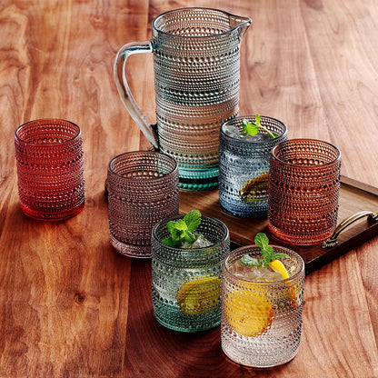 Hobnail Beaded Pitcher & Tumbler Glasses Set | Set of 6 Glasses & Carafe