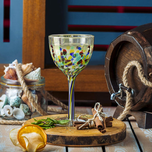 The Wine Savant Recycled Glass Wine Glasses - Mexican Wine Glasses Set of 6, Mexican Luxury Hand Blown Wine and Water Glasses (8 ounces each) Cobalt Cinco De Mayo Glasses - Confetti Wine Glasses
