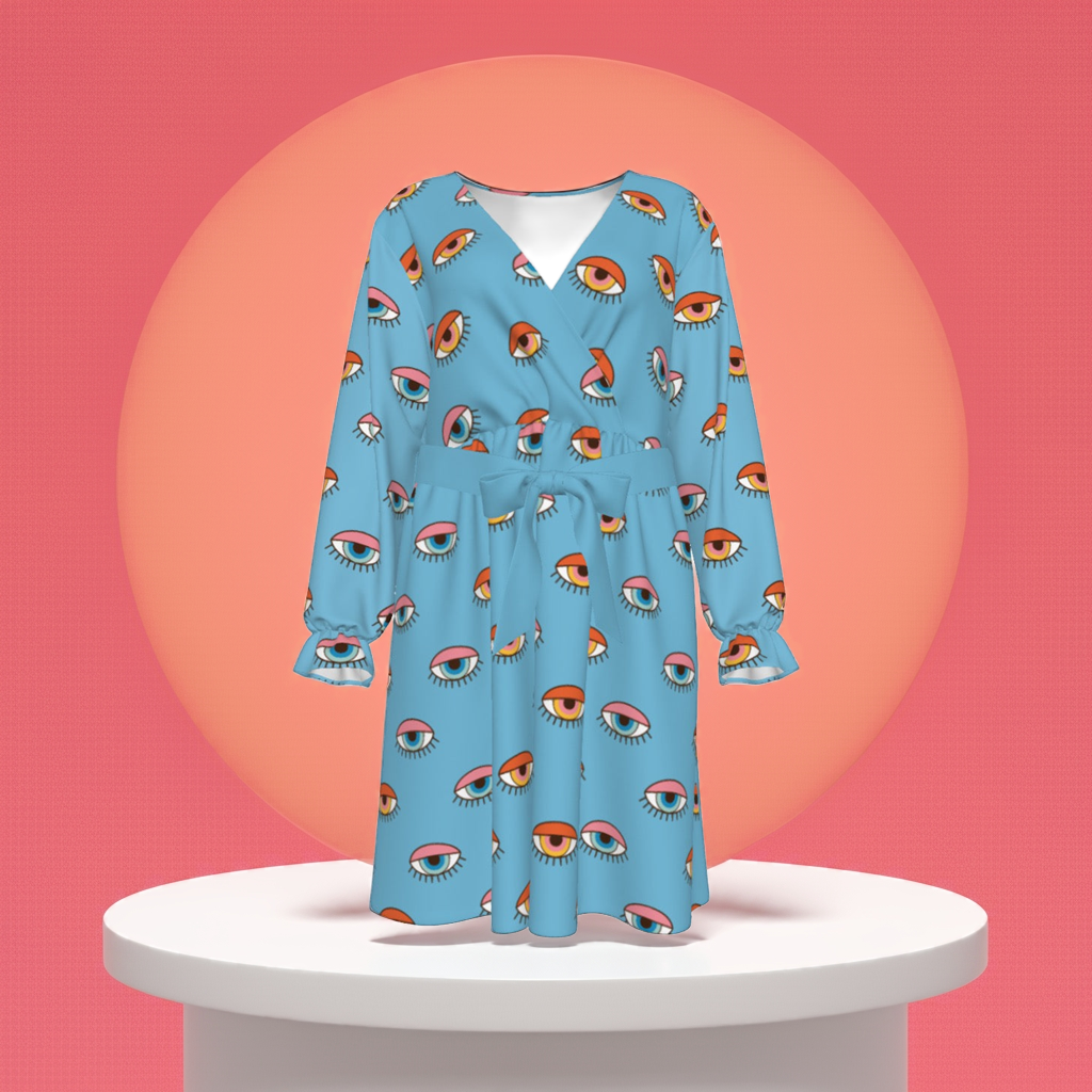 Blue Eyes Women's V-neck Dress With Waistband(Plus Size)