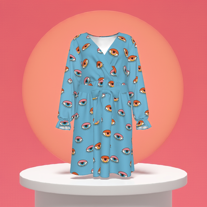 Blue Eyes Women's V-neck Dress With Waistband(Plus Size)