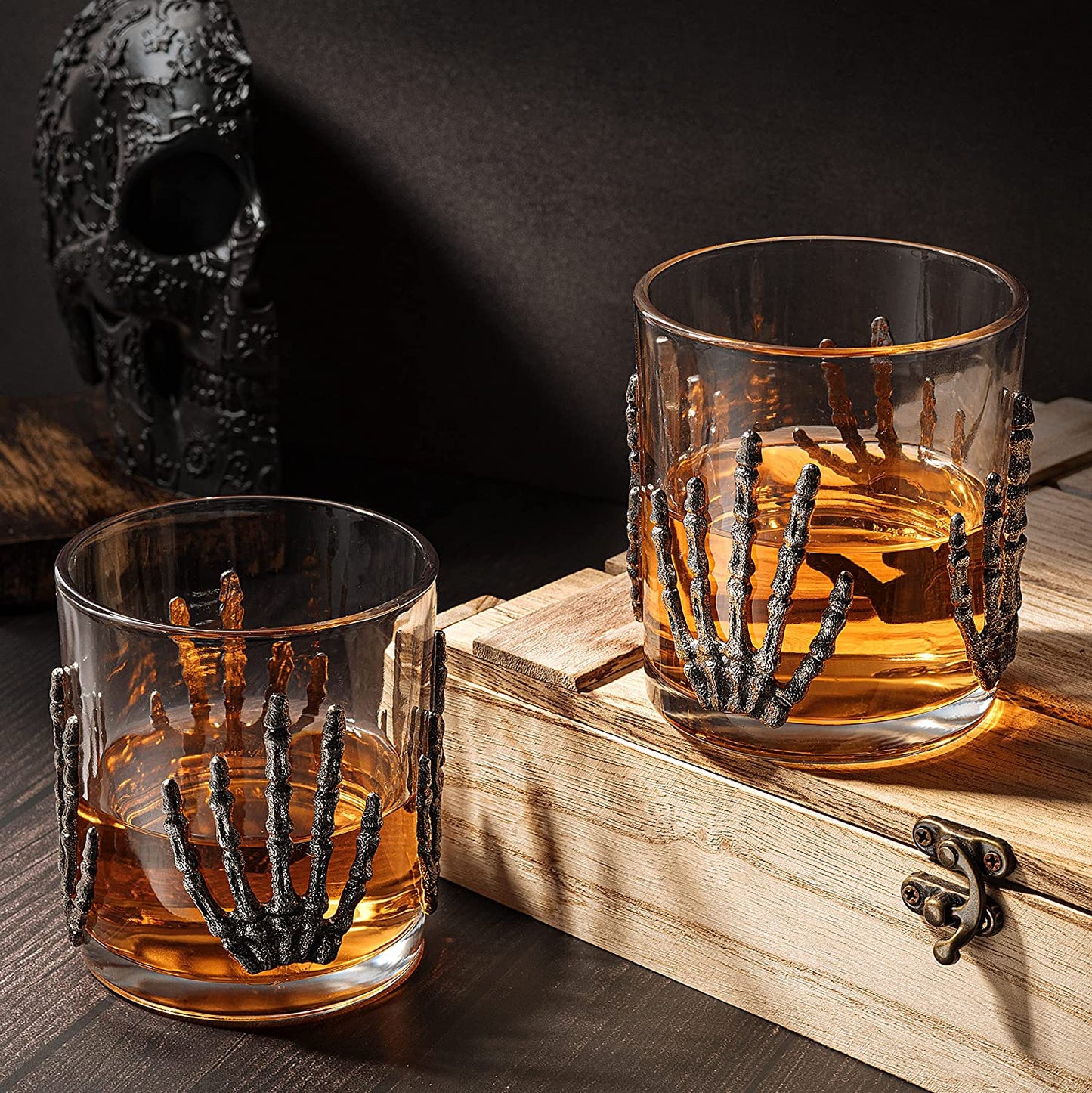 The Wine Savant Skeleton Hand Wine Glass Set of 2 10 oz Glasses 5" H, Goth Gifts, Skeleton Gifts, Skeleton Decor, Spooky Glass Gift Set, Goth Decor, Unique Themed Parties