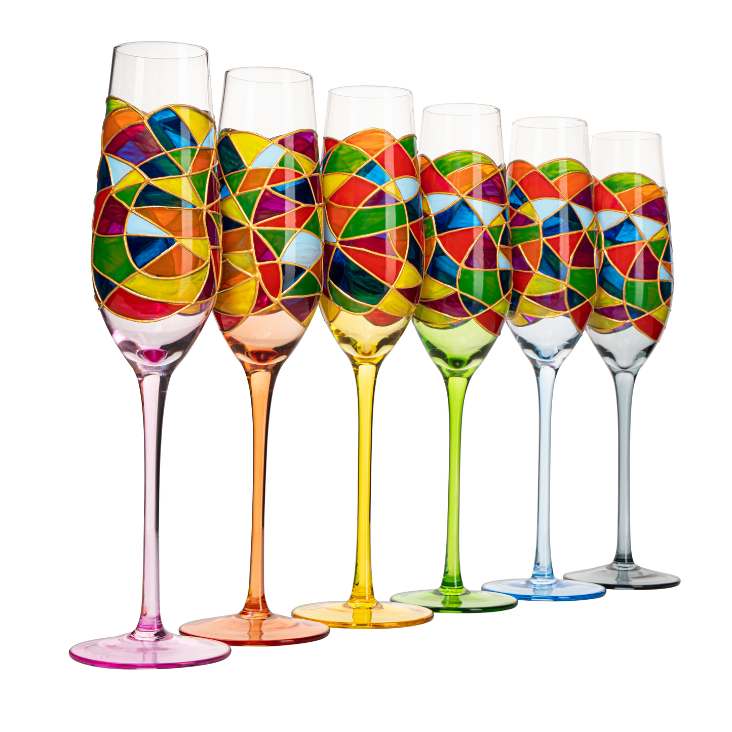 Stained Glass Champagne Flutes Set of 6 Hand Painted - Wine Savant - Hand Blown 7 Ounce Colorful Renaissance Champagne Glasses - 10.2" Tall, 2.7" Diameter Rainbow Multicolor Design Glassware