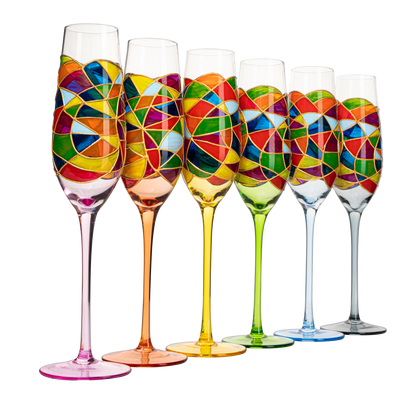 Stained Glass Champagne Flutes Set of 6 Hand Painted - Wine Savant - Hand Blown 7 Ounce Colorful Renaissance Champagne Glasses - 10.2" Tall, 2.7" Diameter Rainbow Multicolor Design Glassware