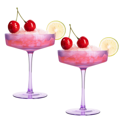 Ribbed Coupe Cocktail Glasses 8 oz | Set of 2 | Classic Manhattan Glasses For Cocktails, Champagne Coupe, Ripple Coupe Glasses, Art Deco Gatsby Vintage, Crystal with Stems (Lavender, Set of 2)