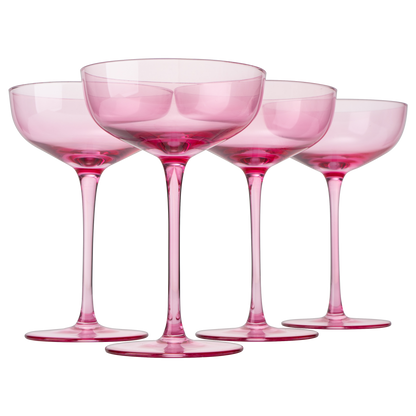 The Wine Savant Colored Coupe Glass | 7oz | Set of 4 Colorful Champagne & Cocktail Glasses, Fancy Manhattan, Crystal Martini, Cocktails Set, Margarita Bar Glassware Gift, Vintage (Blush Pink)