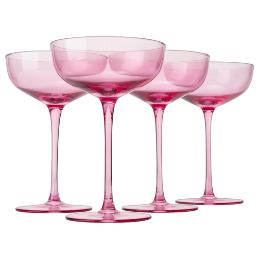 The Wine Savant Colored Coupe Glass | 7oz | Set of 4 Colorful Champagne & Cocktail Glasses, Fancy Manhattan, Crystal Martini, Cocktails Set, Margarita Bar Glassware Gift, Vintage (Blush Pink)