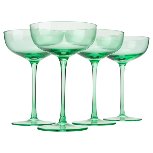 The Wine Savant Colored Coupe Glass | 7oz | Set of 4 Colorful Champagne & Cocktail Glasses, Fancy Manhattan, Crystal Martini, Cocktails Set, Margarita Bar Glassware Gift, Vintage (Green)