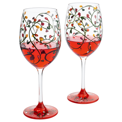 Stemmed Christmas Lights Wine Glasses Set of 2 - Hand Painted Wine Glass Ornament Light Bulbs Glasses, Perfect for Wine, Champagne, Holiday Parties and Festivities - 9.5" High, 21 oz Capacity