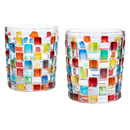 The Wine Savant Artisanal Hand Painted Stained Glass Window Whiskey Tumblers 10oz Set of 2 Renaissance Romantic Rainbow Colored Drinking Glasses - Gift Idea for Her, Home Bar, Weddings 4" H