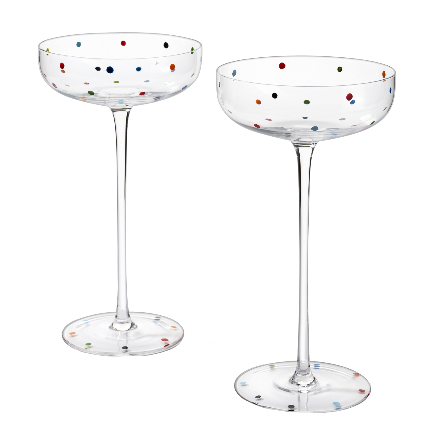 Polka Dot Champagne Coupe Glasses Set of 2 8.8 oz by The Wine Savant - Polka Dot Rainbow Colored Glasses, Cocktail Glassware, Polka Dot Gifts Damien Hirst, Gift Idea For Everyday, Weddings, Parties