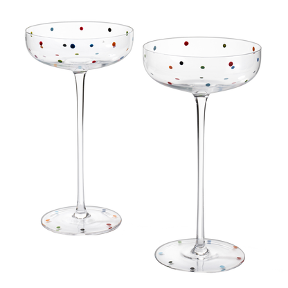 Polka Dot Champagne Coupe Glasses Set of 2 8.8 oz by The Wine Savant - Polka Dot Rainbow Colored Glasses, Cocktail Glassware, Polka Dot Gifts Damien Hirst, Gift Idea For Everyday, Weddings, Parties