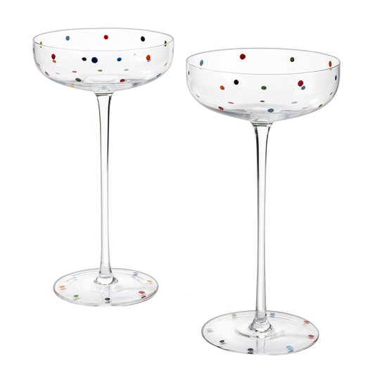Polka Dot Champagne Coupe Glasses Set of 2 8.8 oz by The Wine Savant - Polka Dot Rainbow Colored Glasses, Cocktail Glassware, Polka Dot Gifts Damien Hirst, Gift Idea For Everyday, Weddings, Parties