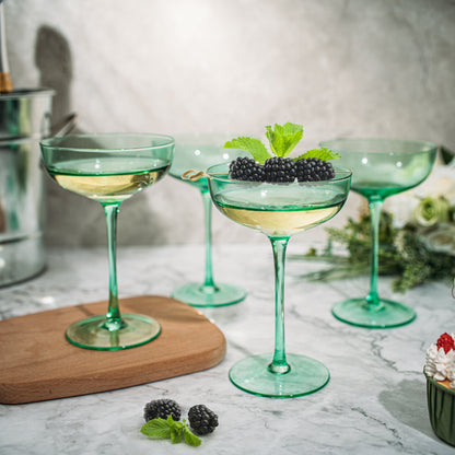 The Wine Savant Colored Coupe Glass | 7oz | Set of 4 Colorful Champagne & Cocktail Glasses, Fancy Manhattan, Crystal Martini, Cocktails Set, Margarita Bar Glassware Gift, Vintage (Green)