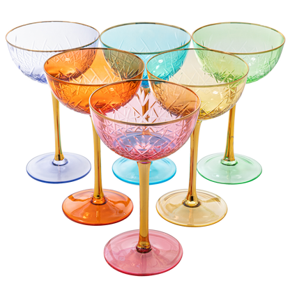 Vintage Art Deco Coupe for Champagne, Martini, Cocktails, Glasses | Set of 6 | 7 oz Classic Cocktail Glassware - Manhattan, Cosmopolitan, Sidecar, Crystal Speakeasy Style Saucer Goblets with Stems