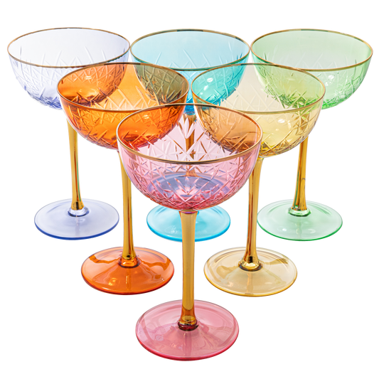Vintage Art Deco Coupe for Champagne, Martini, Cocktails, Glasses | Set of 6 | 7 oz Classic Cocktail Glassware - Manhattan, Cosmopolitan, Sidecar, Crystal Speakeasy Style Saucer Goblets with Stems