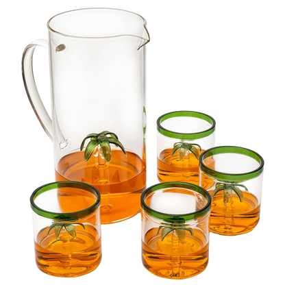 Palm Tree Pitcher & 4 Glasses Set Decanter with 4 Glasses 9oz by The Wine Savant - Elegant Glass Set, Great for Water Iced Tea, Sangria, Lemonade, and More! 1300ml 9" H