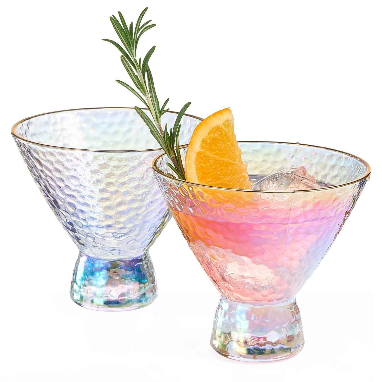 Iridescent Lustered Stemless Martini Glasses Set of 2 - Hammered Cocktail & Martini Glasses - Luxury Gift Box - Gold Rim 8oz Colorful Stemless Glassware - Weddings, Anniversary, Christmas, Barware