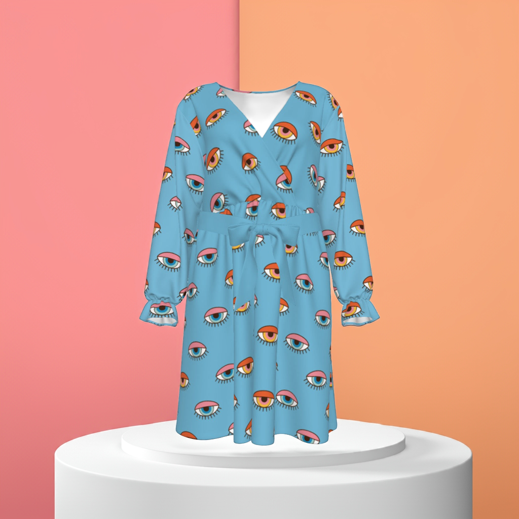 Blue Eyes Women's V-neck Dress With Waistband(Plus Size)