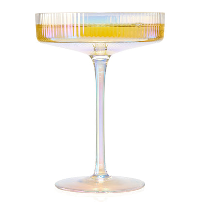 Ribbed Coupe Cocktail Glasses 8 oz | Set of 4 | Classic Manhattan Glasses For Cocktails, Champagne Coupe, Ripple Coupe Glasses, Art Deco Gatsby Vintage, Crystal with Stems (Iridescent)