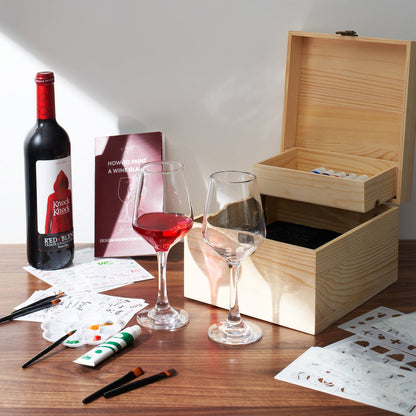 Wine Glass Painting Gift Set - Do it Yourself! Creative Glassware Paint Kit for Wine Nights - Comes with Two 12 OZ Wine Glasses, Paint, Palette, Paintbrushes, Stencils, Stickers - Wine Lover Gift