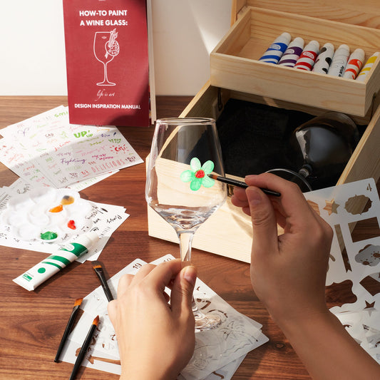 Wine Glass Painting Gift Set - Do it Yourself! Creative Glassware Paint Kit for Wine Nights - Comes with Two 12 OZ Wine Glasses, Paint, Palette, Paintbrushes, Stencils, Stickers - Wine Lover Gift