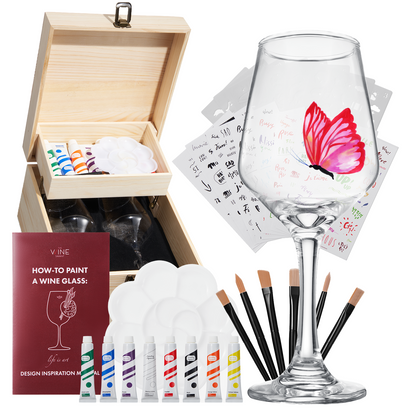 Wine Glass Painting Gift Set - Do it Yourself! Creative Glassware Paint Kit for Wine Nights - Comes with Two 12 OZ Wine Glasses, Paint, Palette, Paintbrushes, Stencils, Stickers - Wine Lover Gift