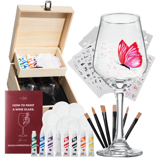 Wine Glass Painting Gift Set - Do it Yourself! Creative Glassware Paint Kit for Wine Nights - Comes with Two 12 OZ Wine Glasses, Paint, Palette, Paintbrushes, Stencils, Stickers - Wine Lover Gift