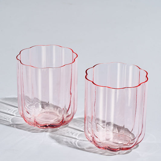 Flower Vintage Glass Stemless Highball - Set of 2-13 oz Colorful Cocktail, Wine, Water, Martini Glasses, Prosecco, Mimosa, Glasses Set, Bar Glassware Luster Glasses 4" X 3" (Pink)