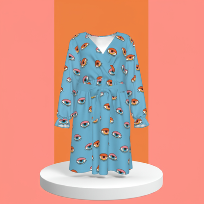 Blue Eyes Women's V-neck Dress With Waistband(Plus Size)