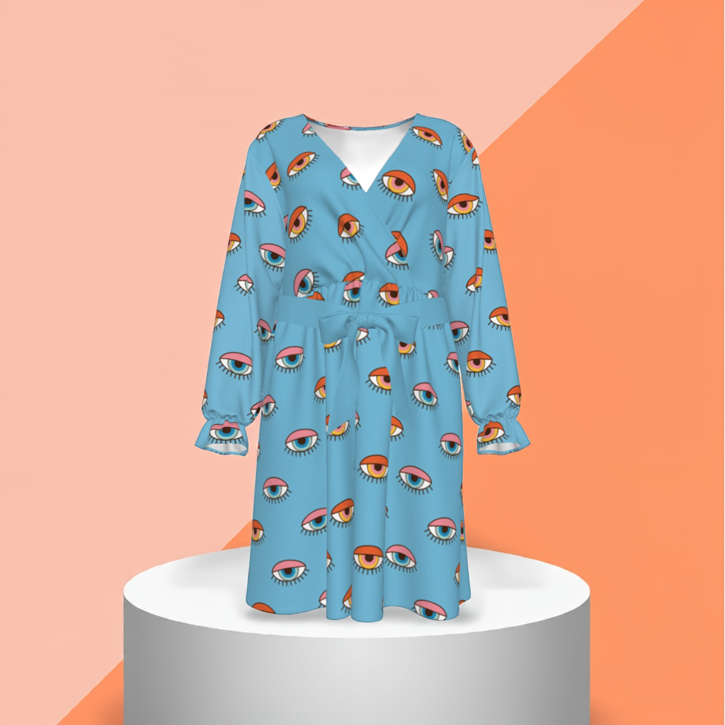 Blue Eyes Women's V-neck Dress With Waistband(Plus Size)