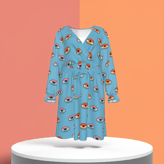 Blue Eyes Women's V-neck Dress With Waistband(Plus Size)