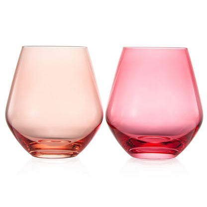 Coral & Fuchsia Colored Wine Glassware | Set of 2 | Large 16 oz Stemless Glasses, Coral Peach Pink Italian Style - Valentines Day Wine, Water, Margarita Glasses, Tumbler Beautiful Hand-Blown Glass