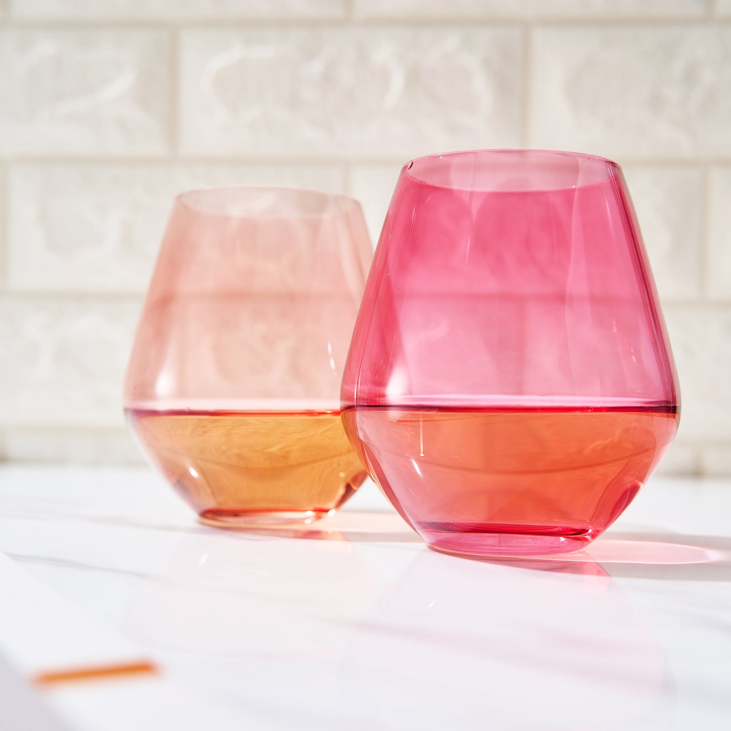 Coral & Fuchsia Colored Wine Glassware | Set of 2 | Large 16 oz Stemless Glasses, Coral Peach Pink Italian Style - Valentines Day Wine, Water, Margarita Glasses, Tumbler Beautiful Hand-Blown Glass