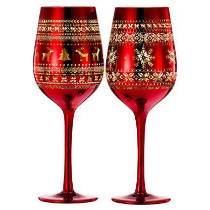 Crystal Christmas Tree Wine & Water Glasses - Set of 2 - Holiday Themed Red & Gold Etched Winter Snow Wonderland Frosted Glass, Perfect Seasonal Parties, Gifts Him & Her Trees Décor - Stemmed Tree