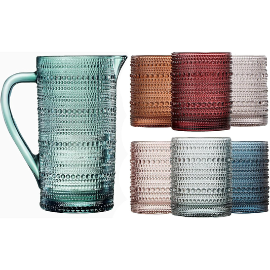 Hobnail Beaded Pitcher & Tumbler Glasses Set | Set of 6 Glasses & Carafe
