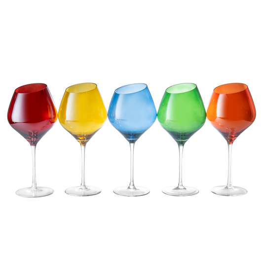 Slanted Rim Colored Wine Glasses by The Wine Savant – Set of 5 Stylish and Slant Rim Wine Glasses for Parties, Multicolor Set for Weddings Anniversary, White or Red Wine, Cabernet Bordeaux 20 oz