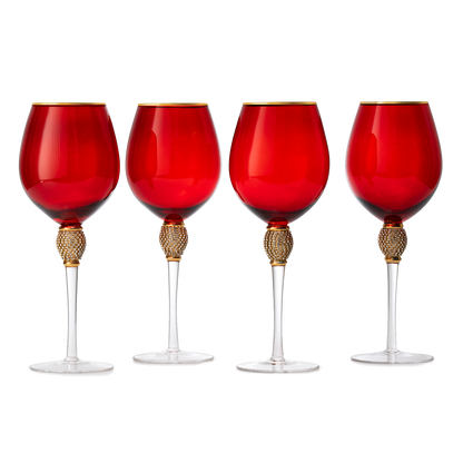 The Wine Savant Large Diamond Wine Glasses, 10" H Gold Rim Rhinestone Diamond Glasses - Wedding Glasses - 18 Ounce, Premium Designed Wine Glasses for Spirits and Wine, Gift Boxed (4, Red)