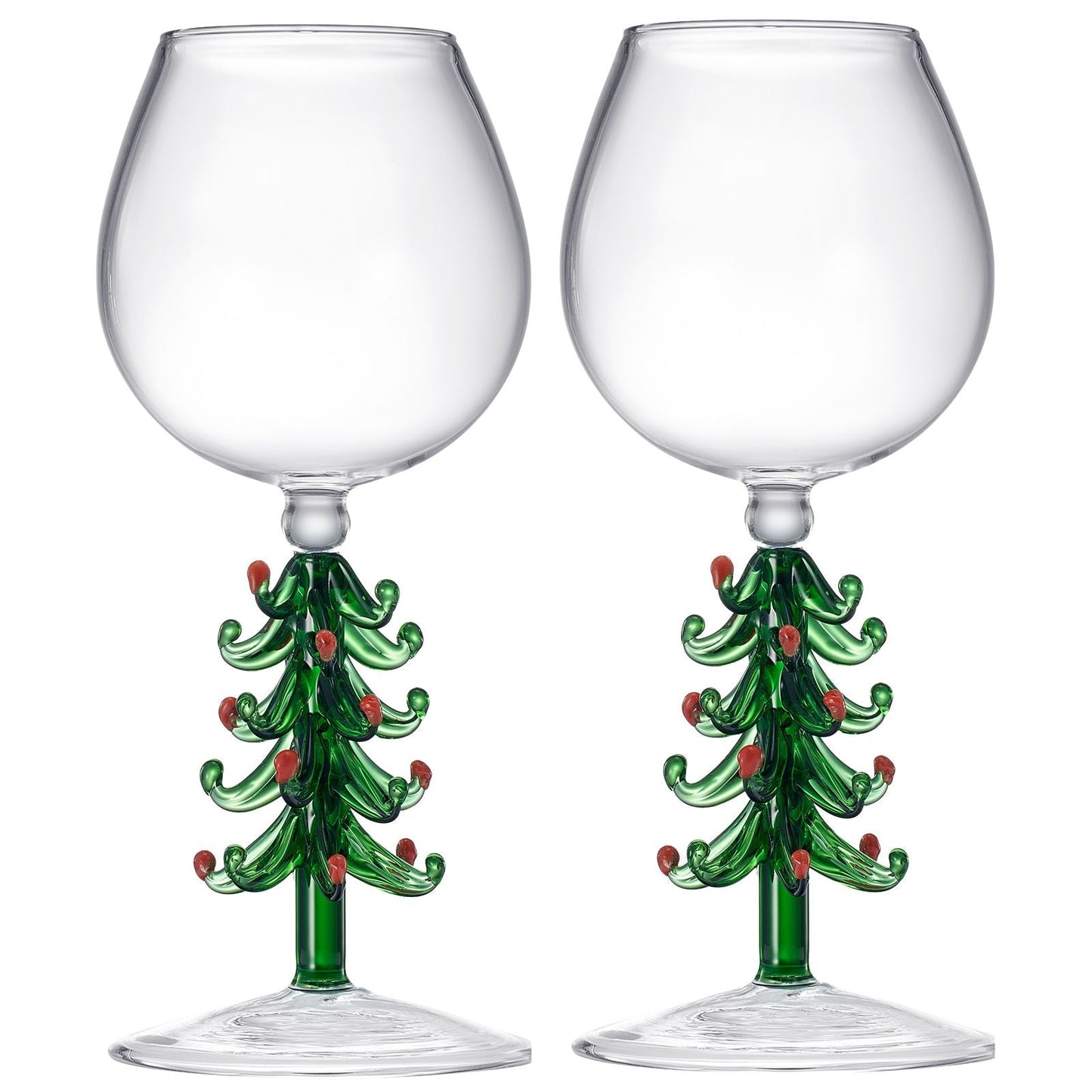 Crystal Green Christmas Tree Wine Glasses - Set of 2, 10oz Goblets for Holiday Parties and New Year's