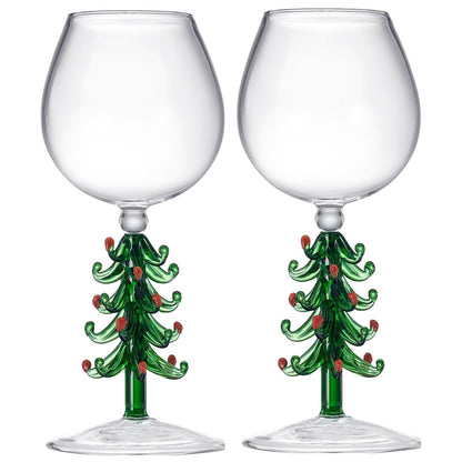 Crystal Green Christmas Tree Wine Glasses - Set of 2, 10oz Goblets for Holiday Parties and New Year's