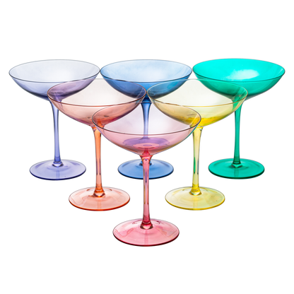 Colored Vintage Glass Coupes 12oz by The Wine Savant - Colorful Cocktail, Martini & Champagne Glasses, Prosecco, Mimosa Glasses Set, Cocktail Glass Set, Bar Glassware Luster Glasses (6, Multicolored)