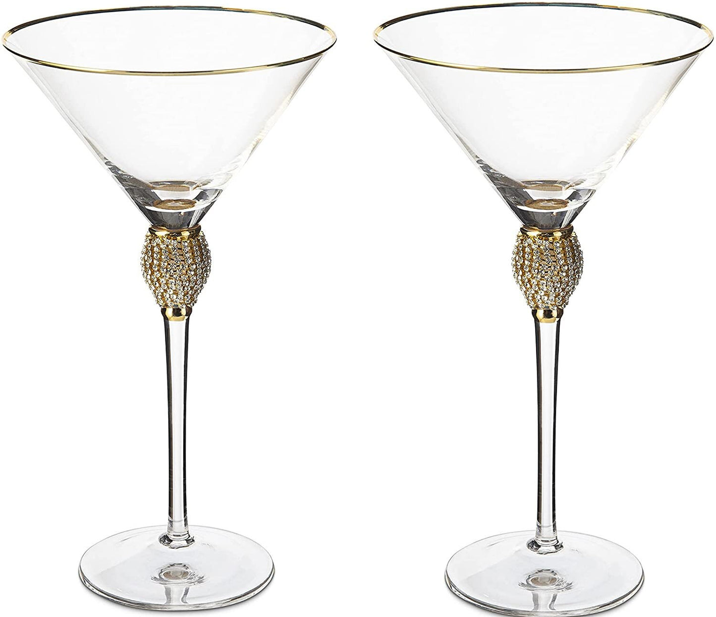 Diamond Collection 2 Piece Stemmed Martini Set - Rhinestone For Drinking Martinis, Manhattans, Vodka, Gin, Cocktails Gold Accent Cocktail Glasses, Perfect For Any Bar or Party 10oz - Swarovski Style