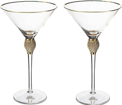 Diamond Collection 2 Piece Stemmed Martini Set - Rhinestone For Drinking Martinis, Manhattans, Vodka, Gin, Cocktails Gold Accent Cocktail Glasses, Perfect For Any Bar or Party 10oz - Swarovski Style