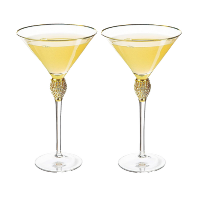Diamond Collection 2 Piece Stemmed Martini Set - Rhinestone For Drinking Martinis, Manhattans, Vodka, Gin, Cocktails Gold Accent Cocktail Glasses, Perfect For Any Bar or Party 10oz - Swarovski Style