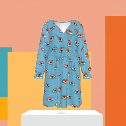 Blue Eyes Women's V-neck Dress With Waistband(Plus Size)