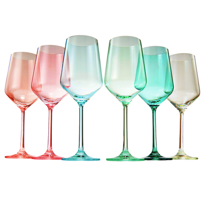Colored Crystal Wine Glass Set of 6, Gift For Mothers Day, Her, Wife, Mom Friend - Large 12 oz Glasses, Unique Italian Style Tall Drinkware - Red & White, Dinner, Beautiful Glassware - (Summer)