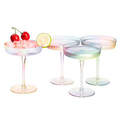 Ribbed Coupe Cocktail Glasses 8 oz | Set of 4 | Classic Manhattan Glasses For Cocktails, Champagne Coupe, Ripple Coupe Glasses, Art Deco Gatsby Vintage, Crystal with Stems (Iridescent)